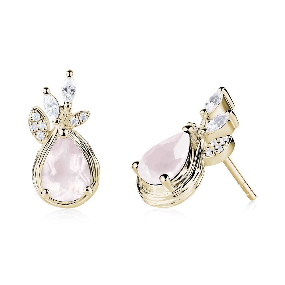 Tear Shaped Rose Quartz Leaf Stud Earrings - LUO Jewelry #metal_14k yellow gold