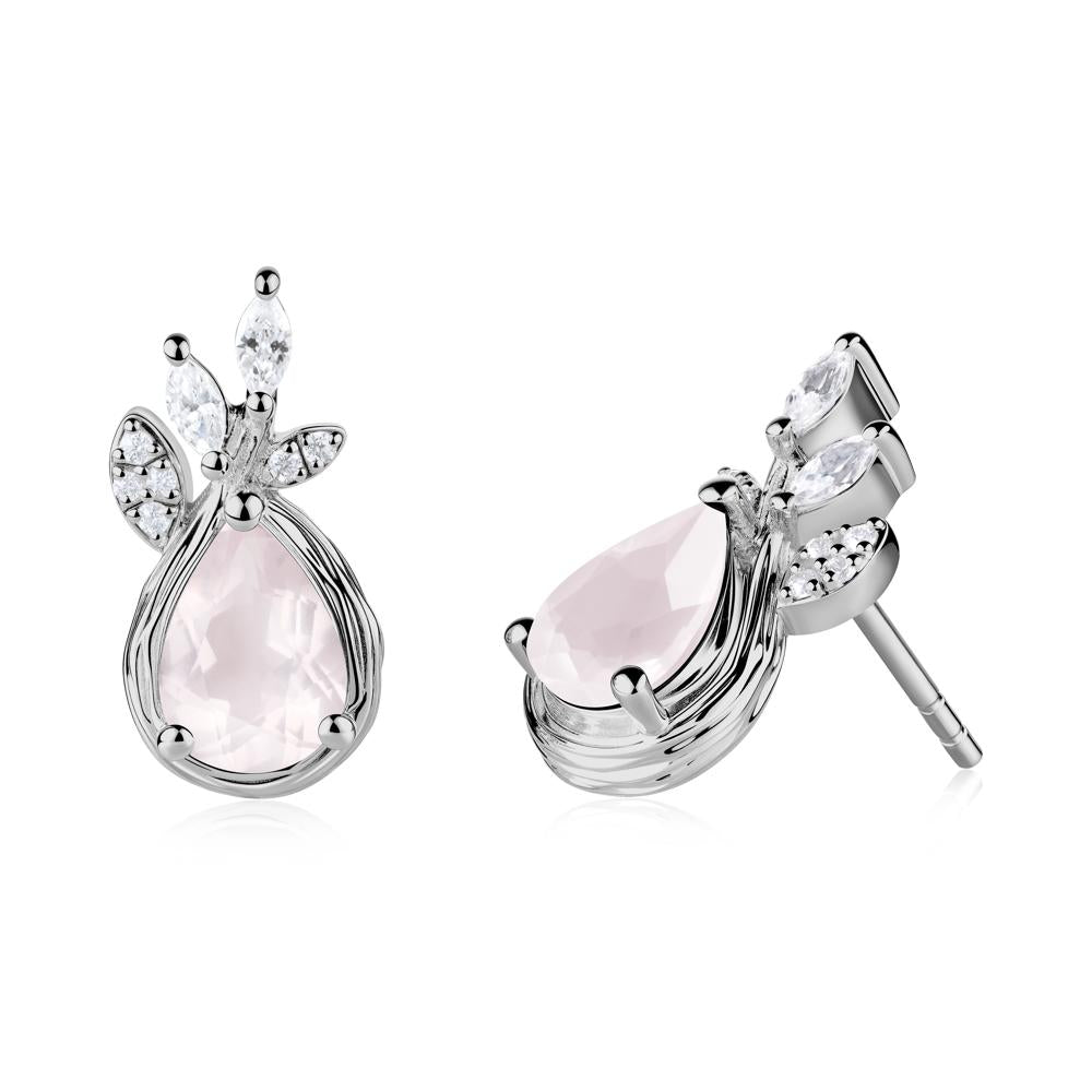 Tear Shaped Rose Quartz Leaf Stud Earrings - LUO Jewelry #metal_platinum