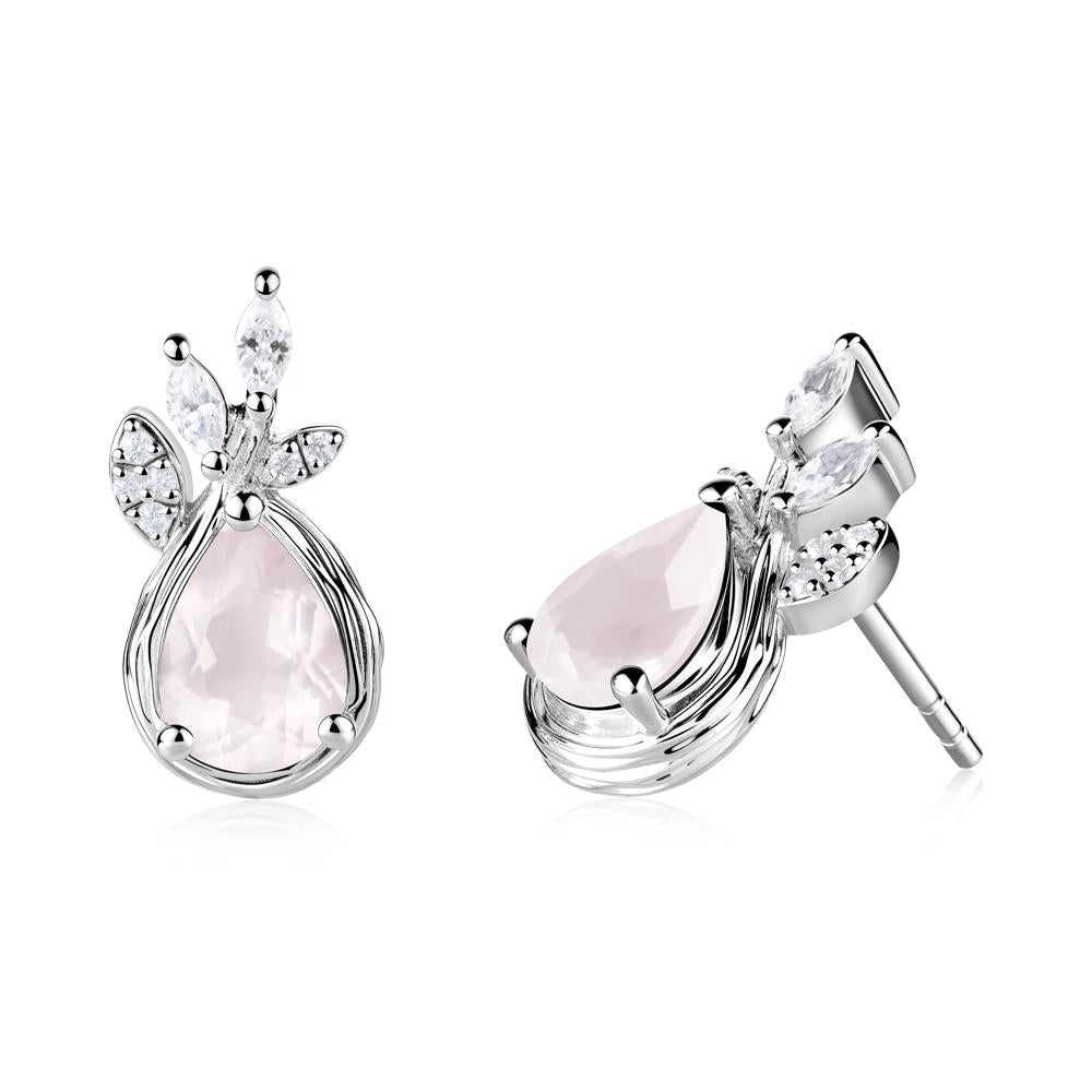 Tear Shaped Rose Quartz Leaf Stud Earrings - LUO Jewelry #metal_sterling silver