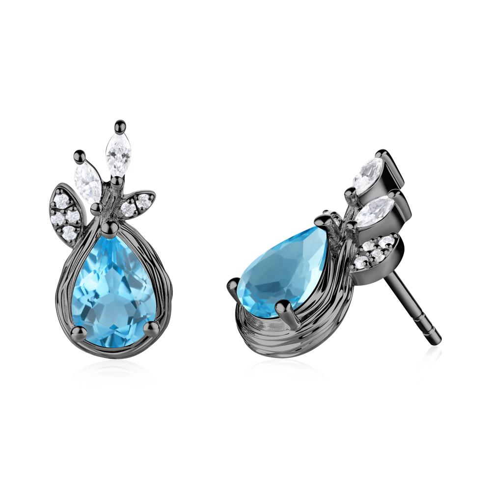 Tree Bark Texture Pear Shaped Swiss Blue Topaz Stud Earrings - LUO Jewelry #metal_black finish sterling silver
