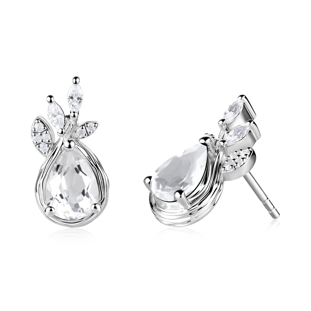 Branches with Leaves White Topaz Stud Earrings - LUO Jewelry #metal_14k white gold