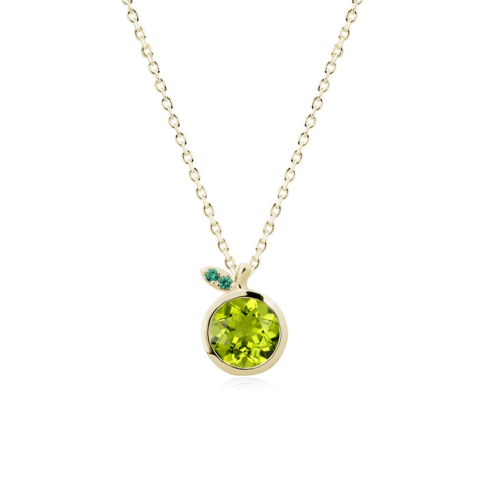 Round Peridot and Emerald Leaf Pendant Necklace - LUO Jewelry #metal_14k yellow gold
