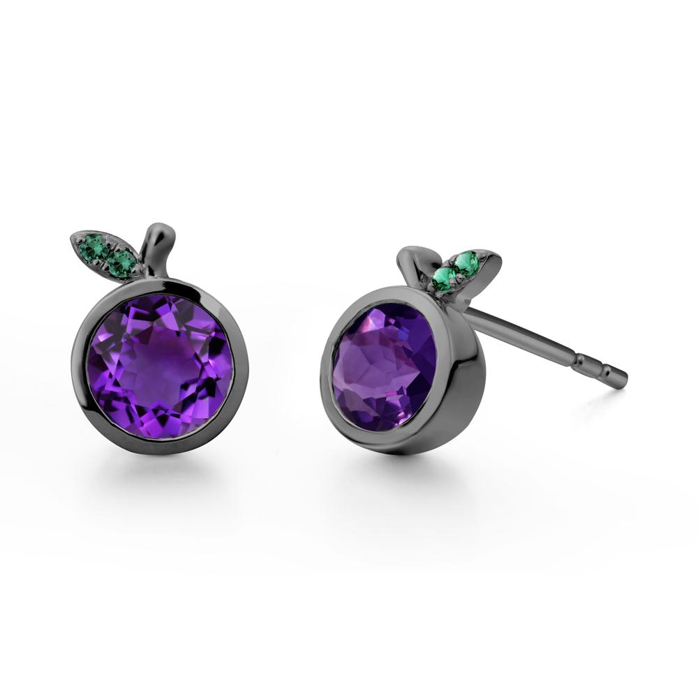 Round Amethyst and Emerald Leaf Stud Earrings - LUO Jewelry #metal_black finish sterling silver