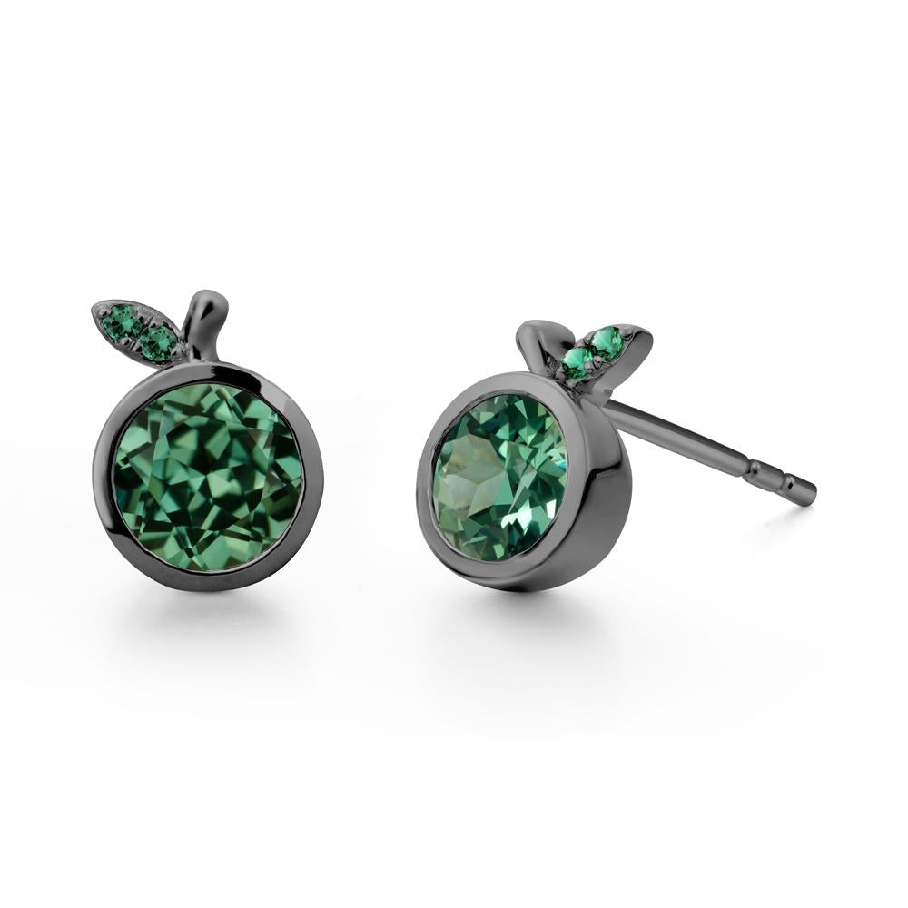 Round Green Sapphire and Emerald Leaf Stud Earrings - LUO Jewelry #metal_black finish sterling silver