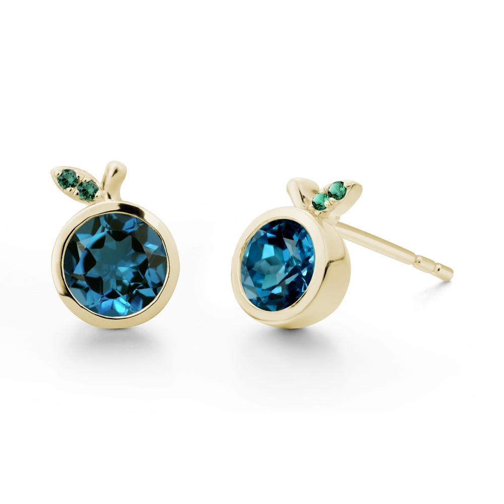 Round London Blue Topaz and Emerald Leaf Stud Earrings - LUO Jewelry #metal_14k yellow gold