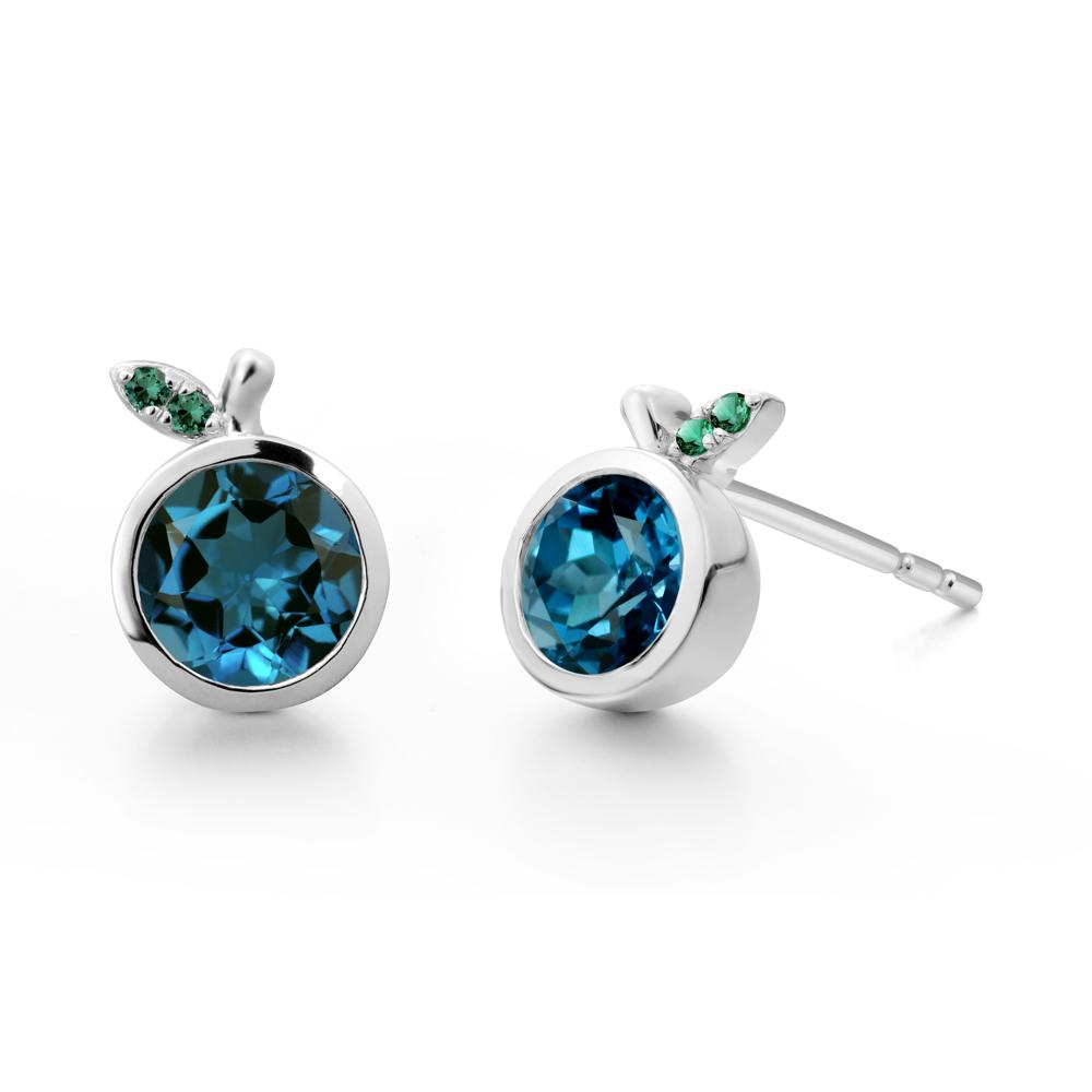 Round London Blue Topaz and Emerald Leaf Stud Earrings - LUO Jewelry #metal_18k white gold