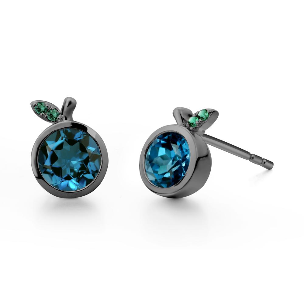 Round London Blue Topaz and Emerald Leaf Stud Earrings - LUO Jewelry #metal_black finish sterling silver