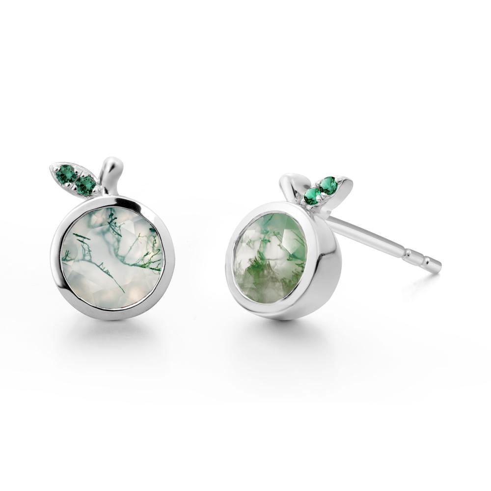 Round Moss Agate and Emerald Leaf Stud Earrings - LUO Jewelry #metal_18k white gold
