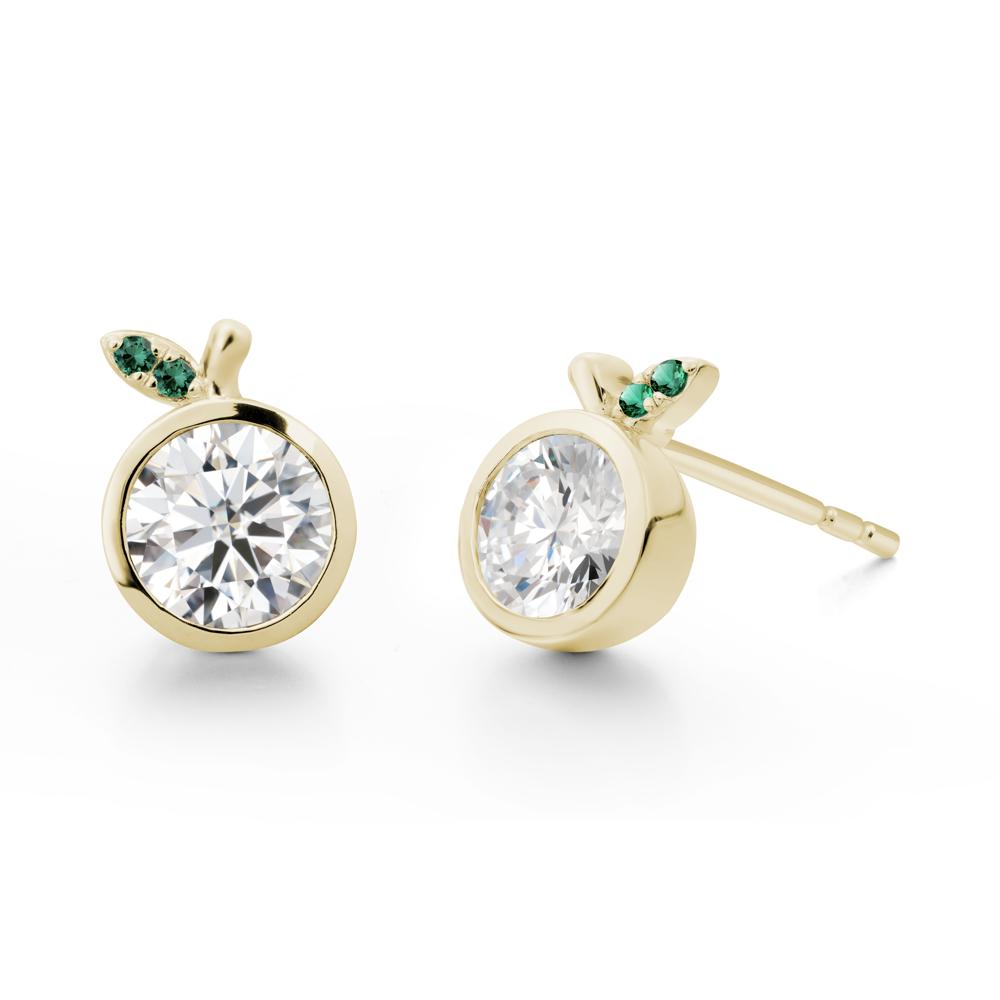 Bezel Setting Round Moissanite and Emerald Fruit Earrings - LUO Jewelry #metal_14k yellow gold