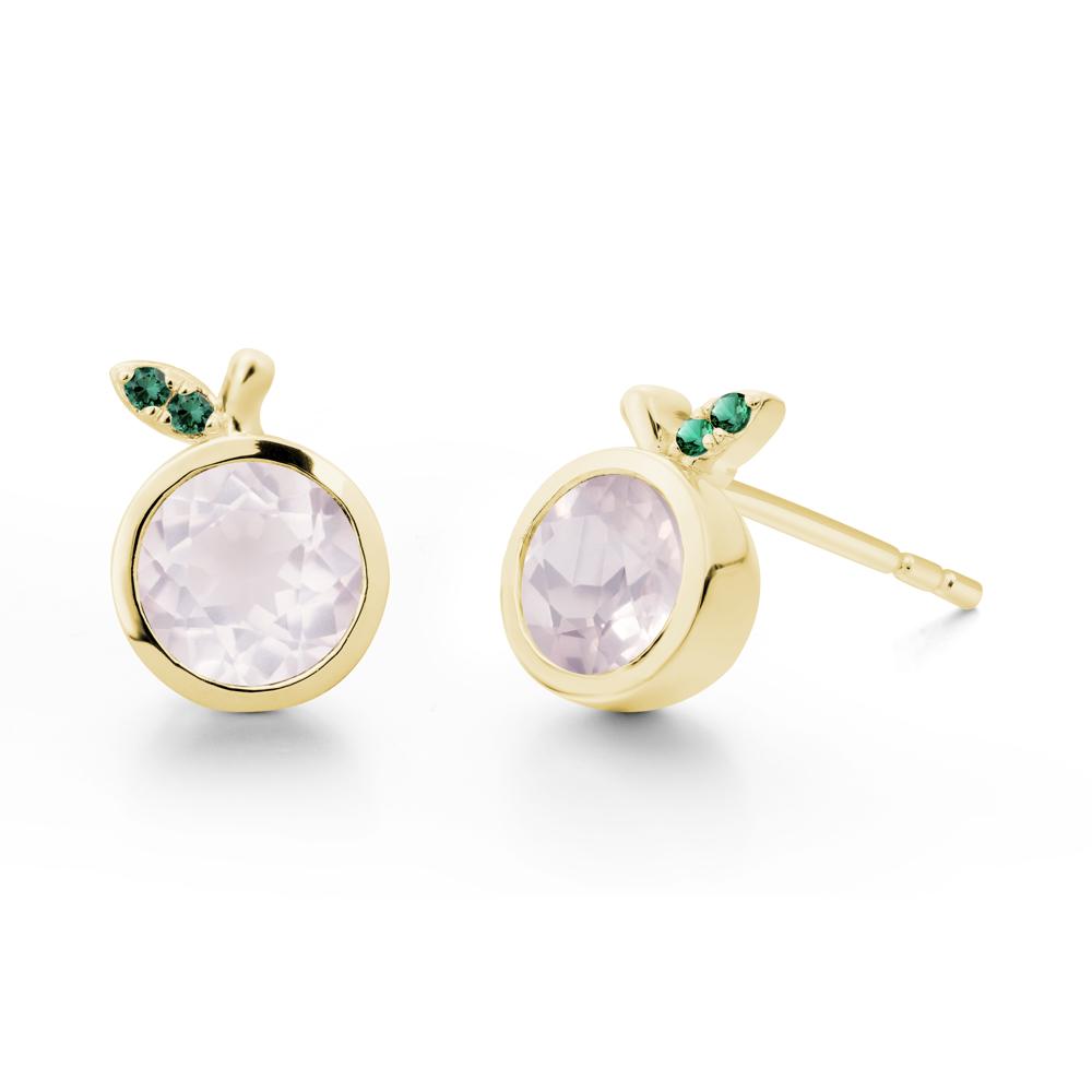Round Rose Quartz and Emerald Leaf Stud Earrings - LUO Jewelry #metal_18k yellow gold