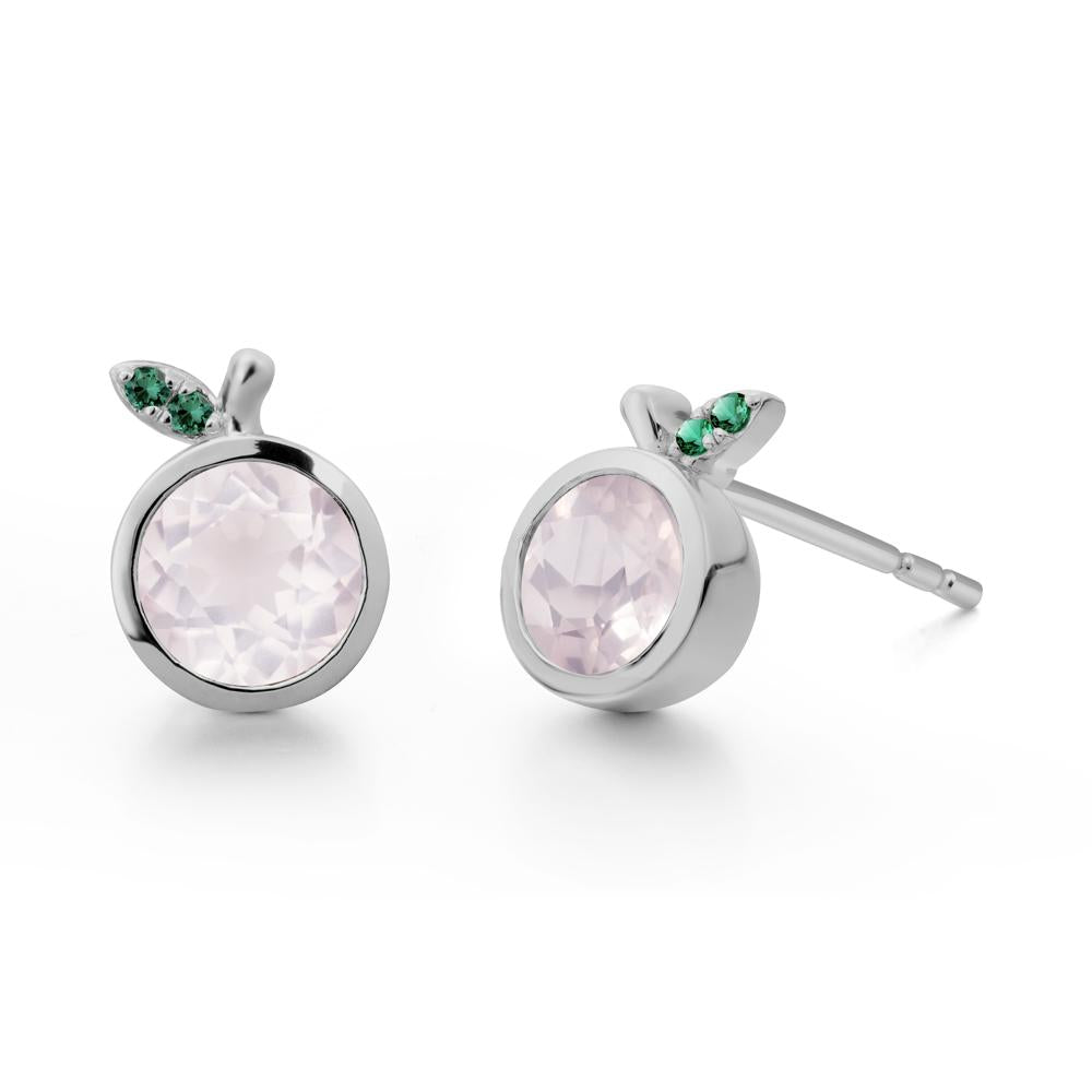 Round Rose Quartz and Emerald Leaf Stud Earrings - LUO Jewelry #metal_platinum