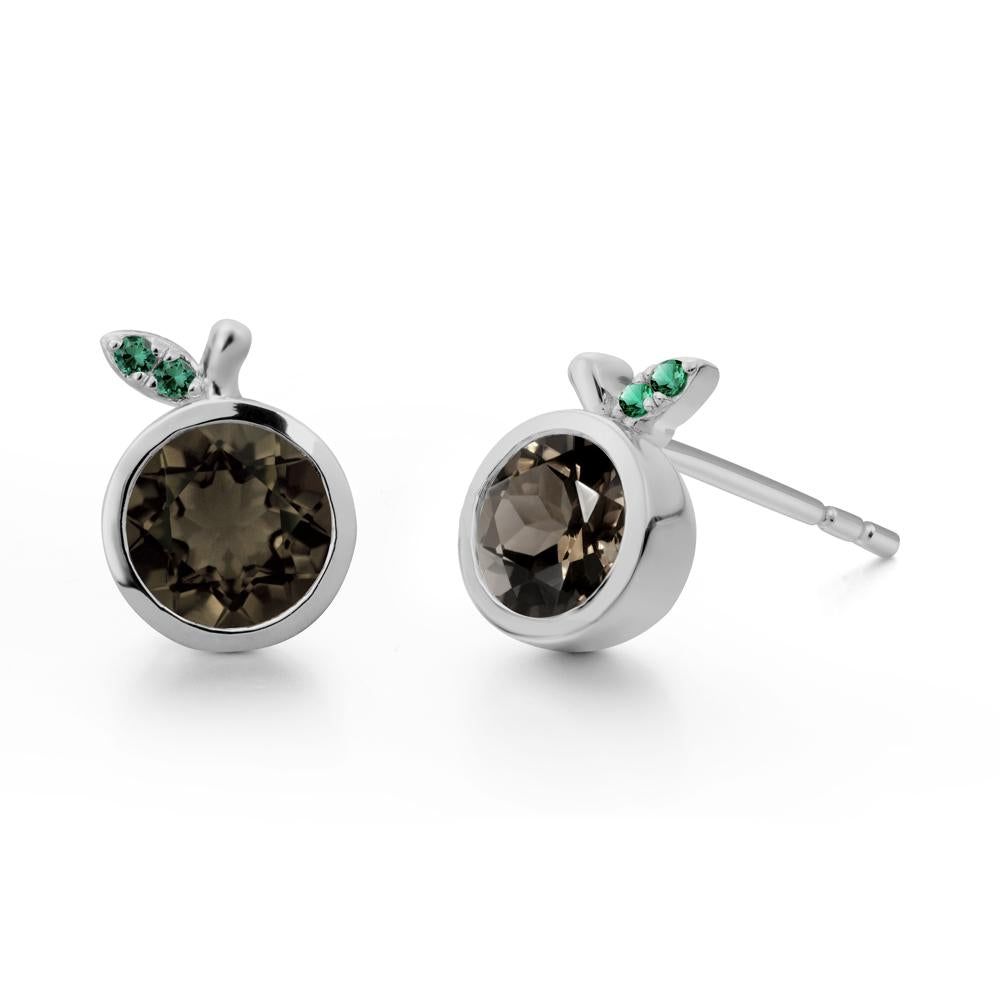 Round Smoky Quartz and Emerald Leaf Stud Earrings - LUO Jewelry #metal_platinum