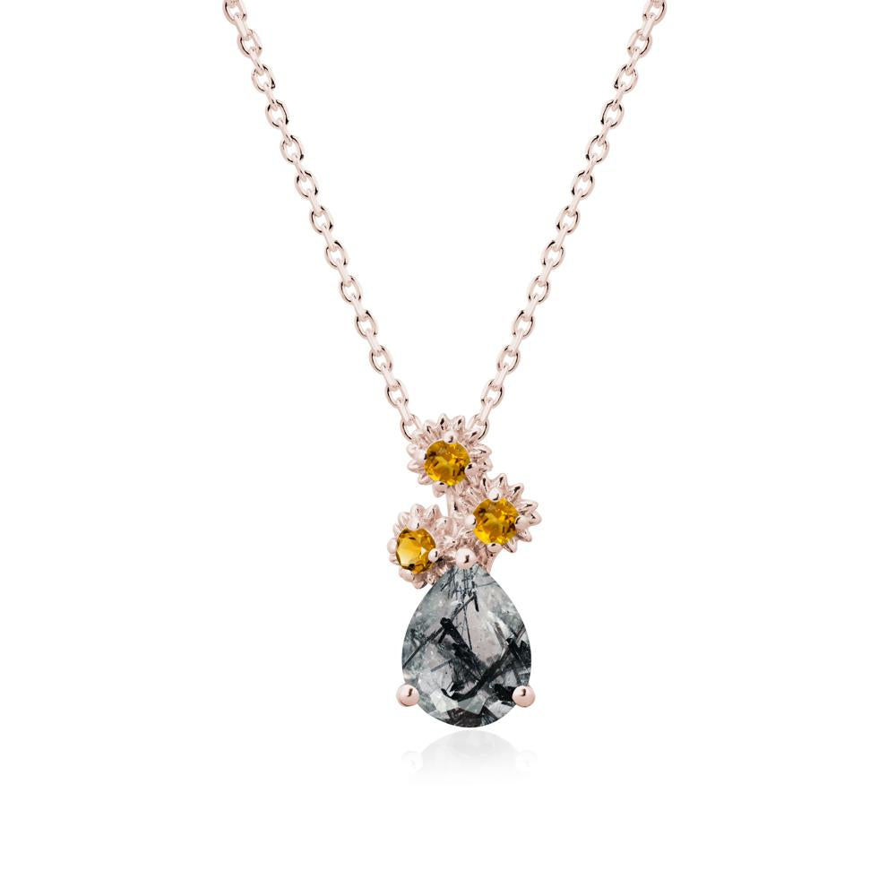 Pear Shaped Black Rutilated Quartz and Citrine Sunflower Necklace - LUO Jewelry #metal_14k rose gold