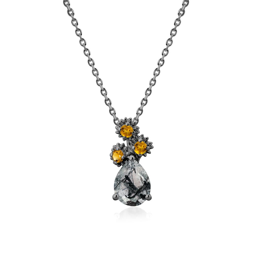 Pear Shaped Black Rutilated Quartz and Citrine Sunflower Necklace - LUO Jewelry #metal_black finish sterling silver