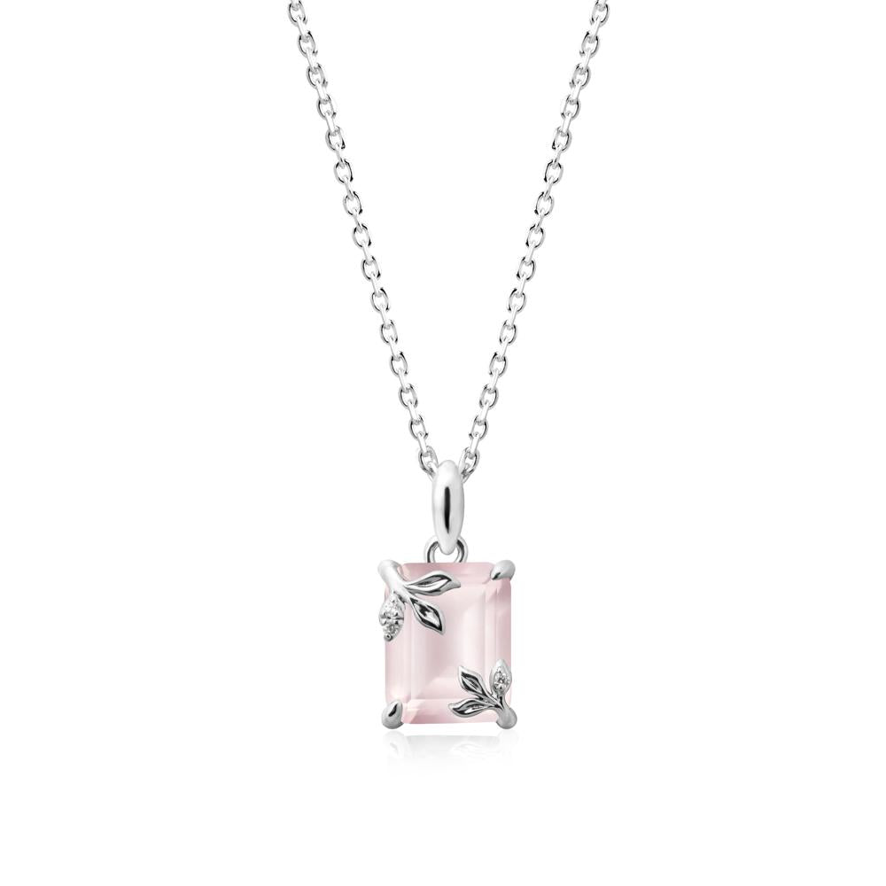 Nature-Inspired Leaf Emerald Cut Rose Quartz Pendant - LUO Jewelry #metal_14k white gold