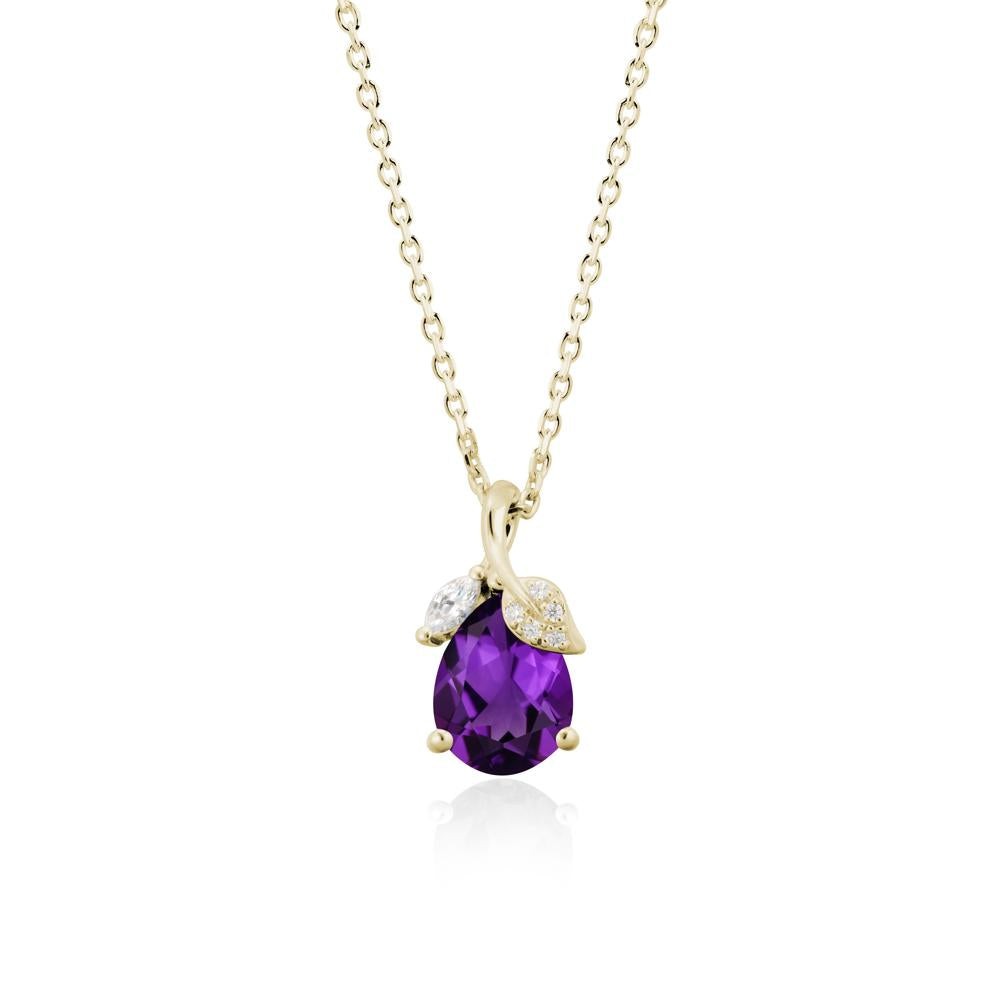 Nature Leaf Design Teardrop Amethyst Pendant - LUO Jewelry #metal_14k yellow gold