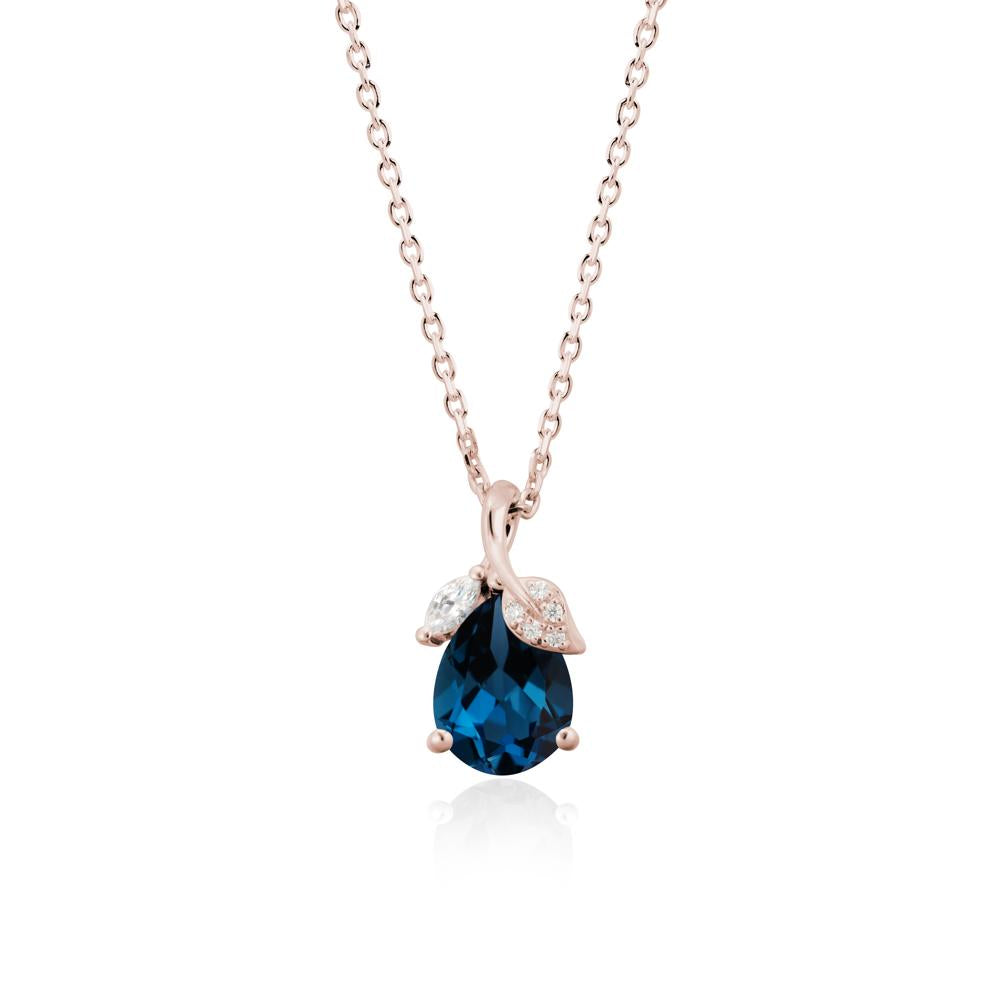 Pear Shaped London Blue Topaz Leaf Pendant Necklace - LUO Jewelry #metal_14k rose gold