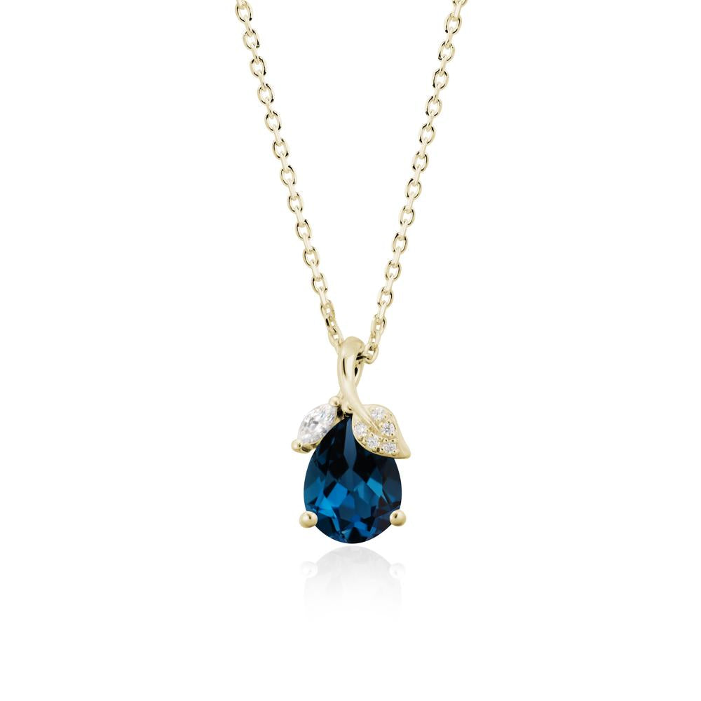 Pear Shaped London Blue Topaz Leaf Pendant Necklace - LUO Jewelry #metal_14k yellow gold