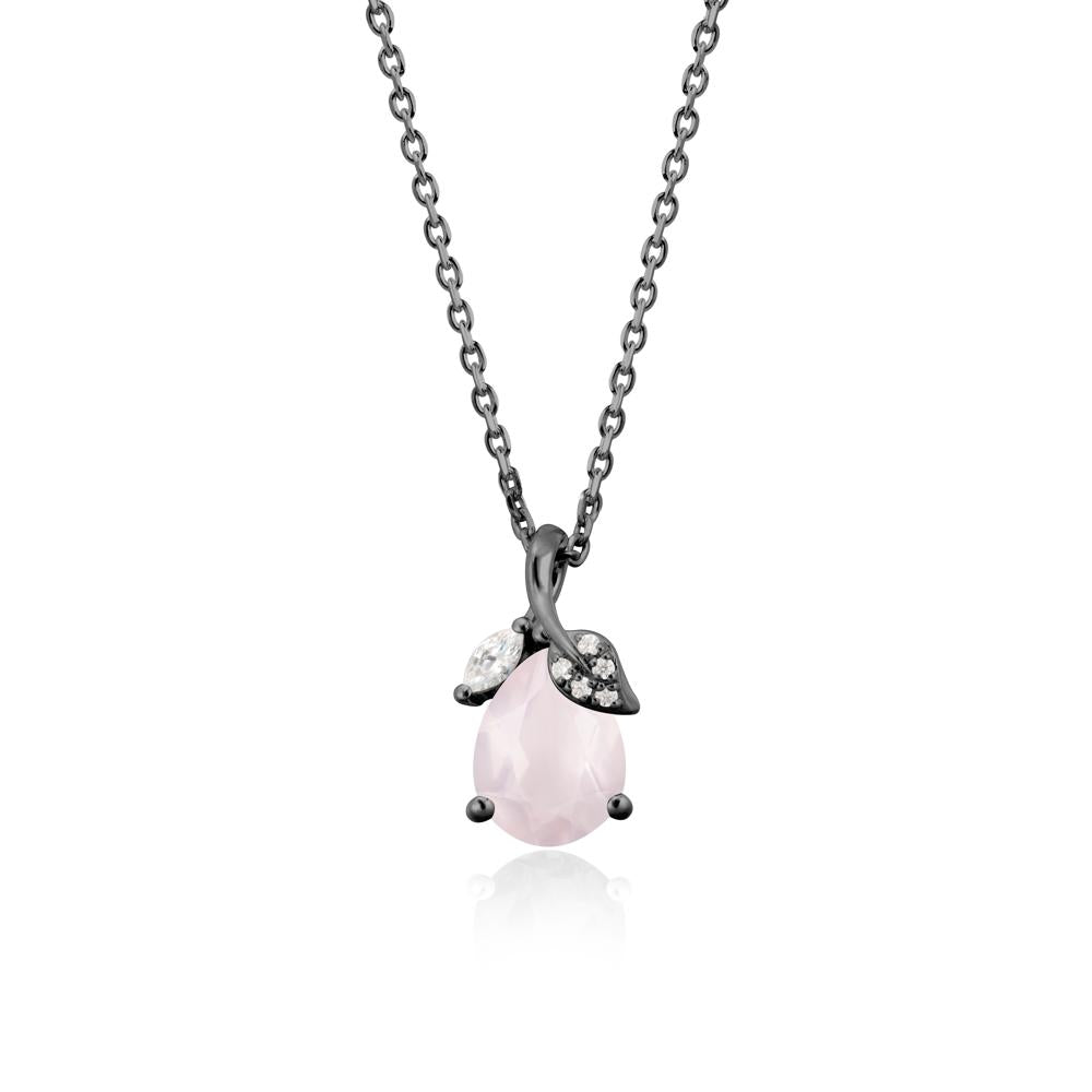 Pear Shaped Rose Quartz Leaf Pendant Necklace - LUO Jewelry #metal_black finish sterling silver