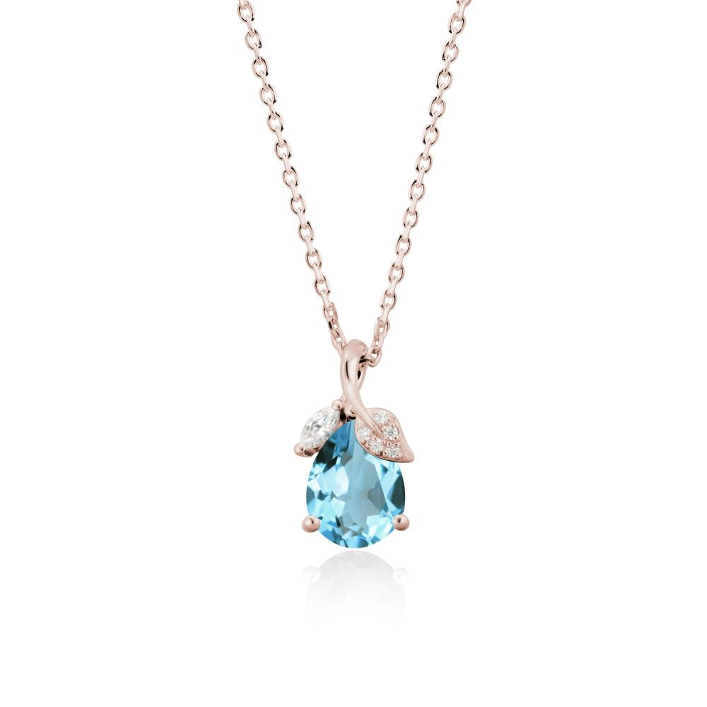 Pear Shaped Swiss Blue Topaz Leaf Pendant Necklace - LUO Jewelry #metal_14k rose gold