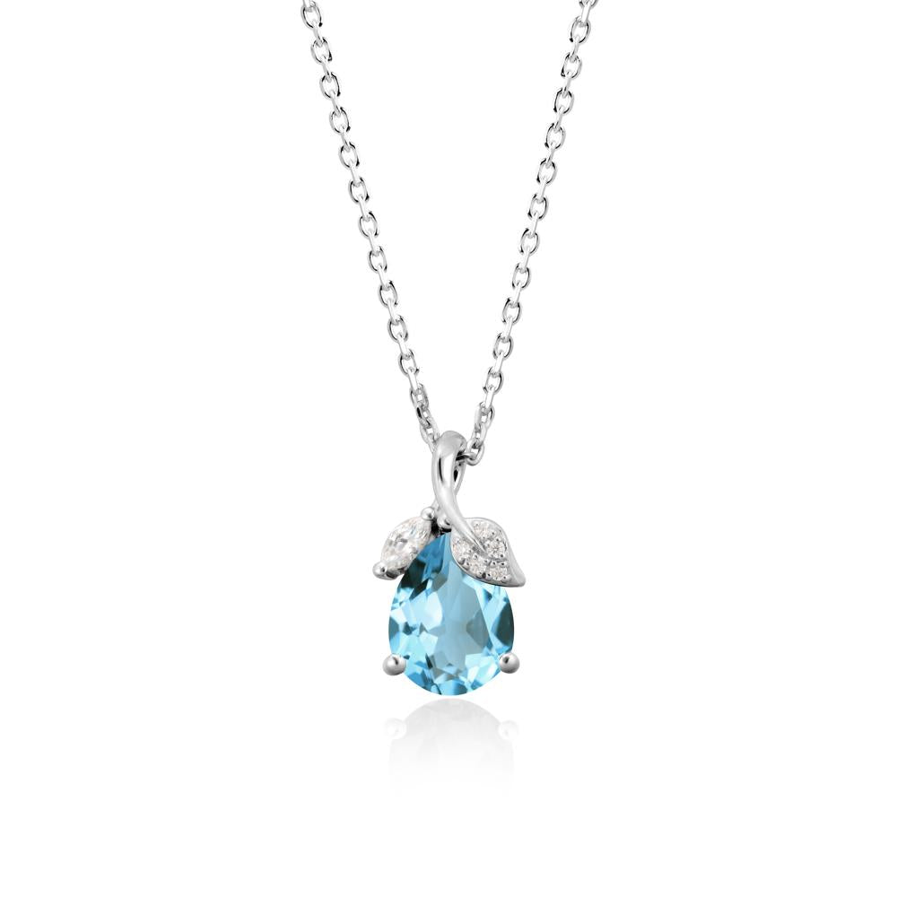 Pear Shaped Swiss Blue Topaz Leaf Pendant Necklace - LUO Jewelry #metal_14k white gold