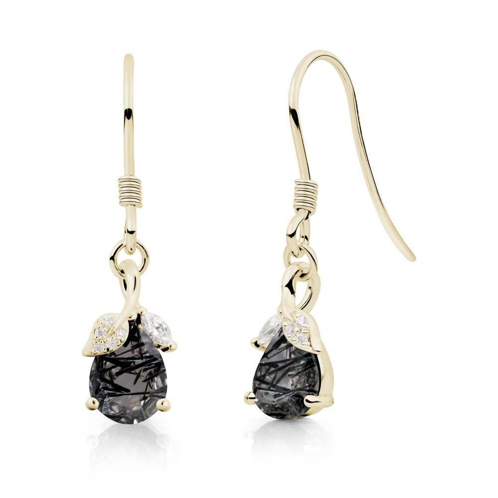 Pear Shaped Black Rutilated Quartz Leaf Dangle Earrings - LUO Jewelry #metal_14k yellow gold