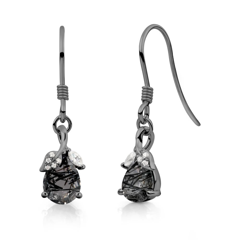 Pear Shaped Black Rutilated Quartz Leaf Dangle Earrings - LUO Jewelry #metal_black finish sterling silver