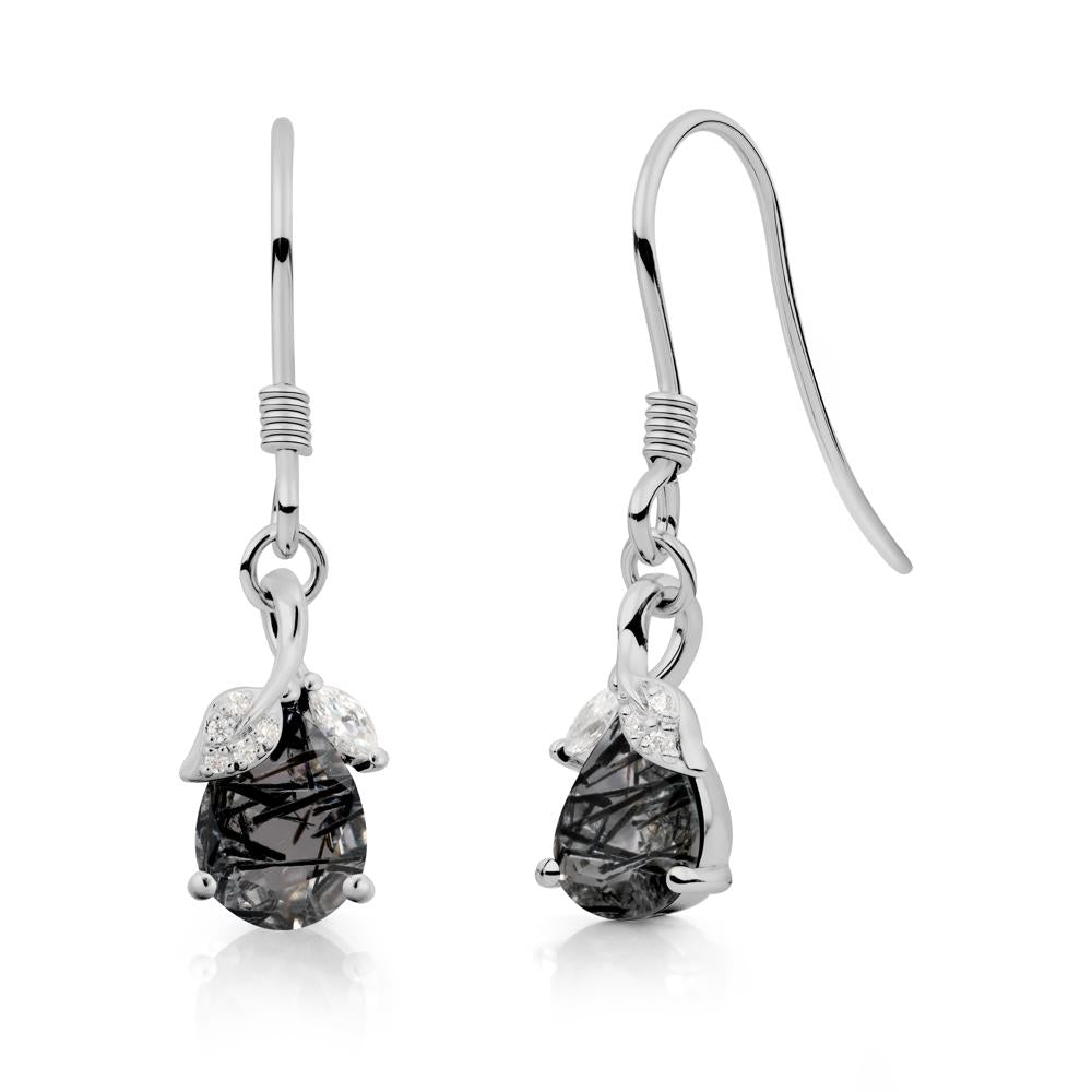 Pear Shaped Black Rutilated Quartz Leaf Dangle Earrings - LUO Jewelry #metal_platinum