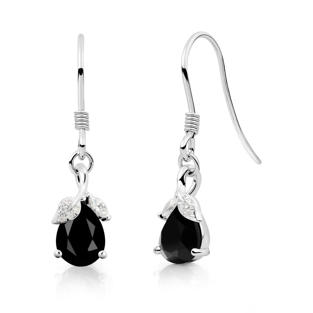 Pear Shaped Black Spinel Leaf Dangle Earrings - LUO Jewelry #metal_18k white gold