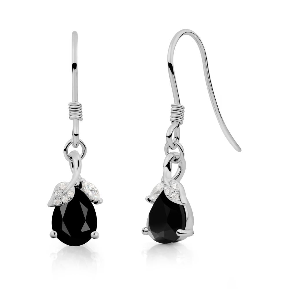 Pear Shaped Black Spinel Leaf Dangle Earrings - LUO Jewelry #metal_platinum