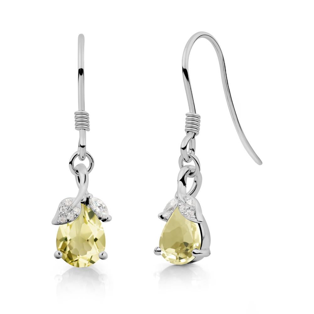 Pear Shaped Lemon Quartz Leaf Dangle Earrings - LUO Jewelry #metal_platinum