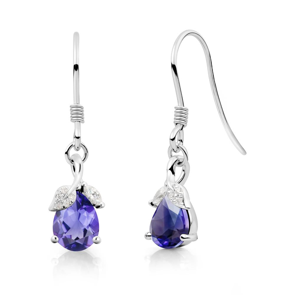 Pear Shaped Tanzanite Leaf Dangle Earrings - LUO Jewelry #metal_14k white gold