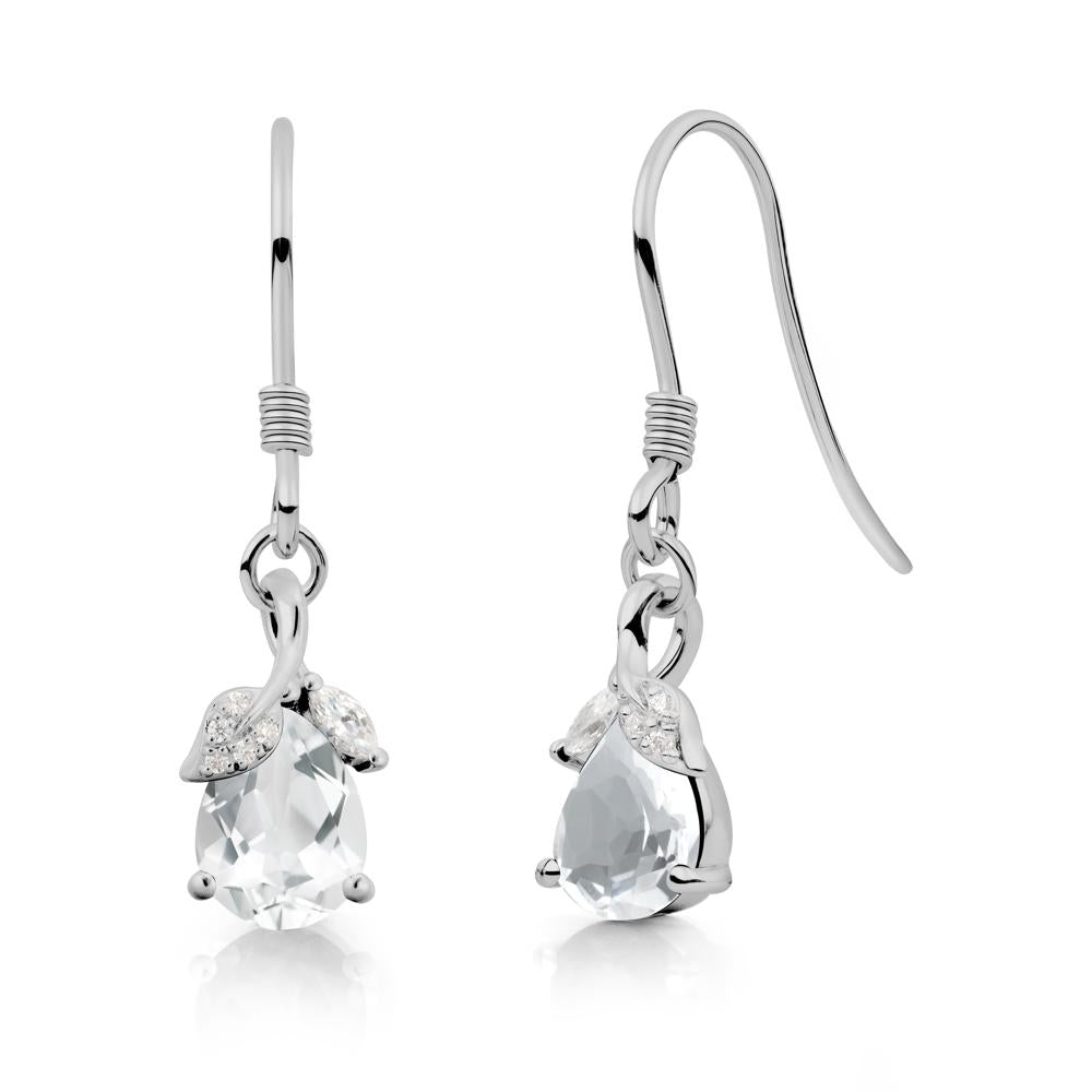 Pear Shaped White Topaz Leaf Dangle Earrings - LUO Jewelry #metal_platinum