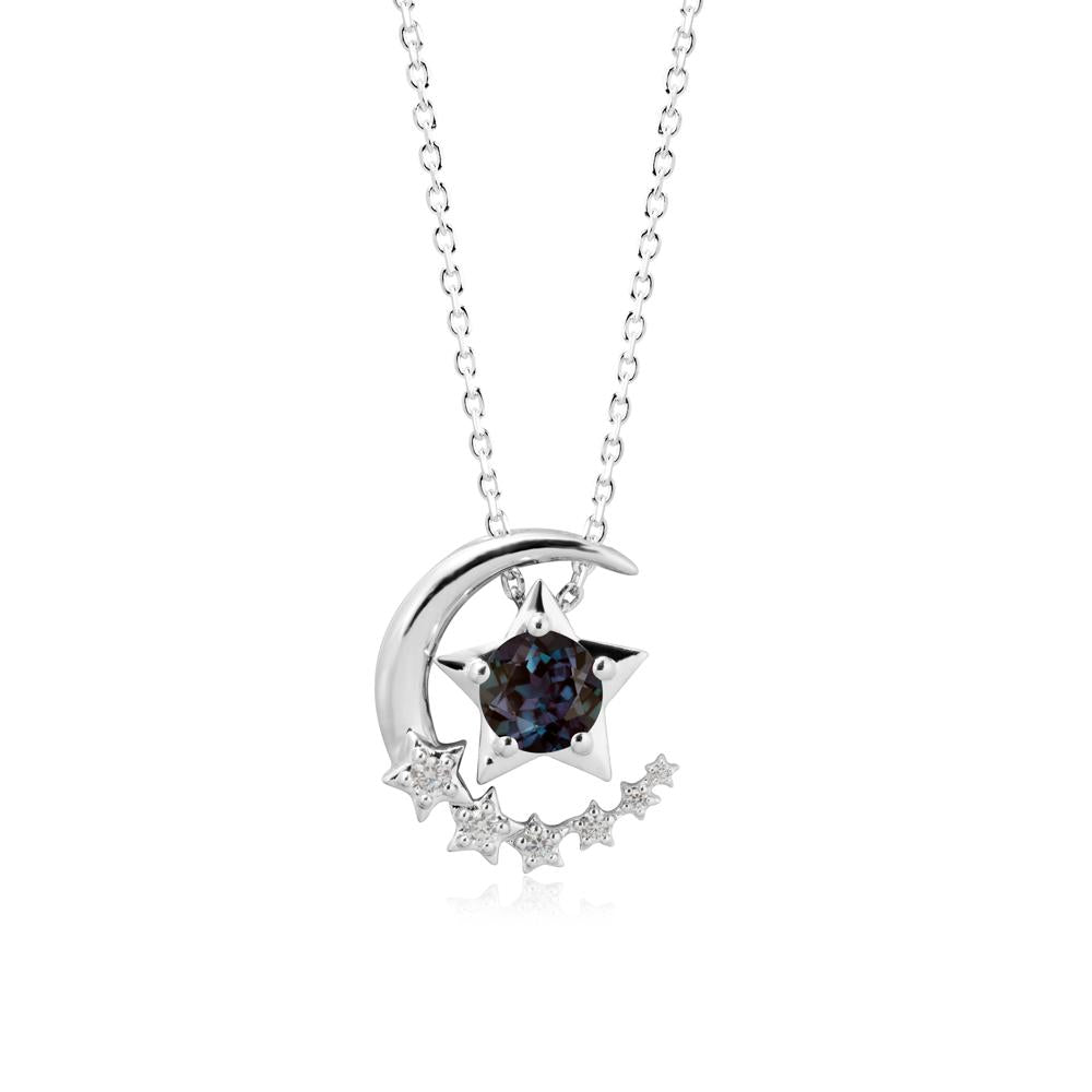 Swinging Star and Crescent Moon Alexandrite Necklace - LUO Jewelry #metal_18k white gold