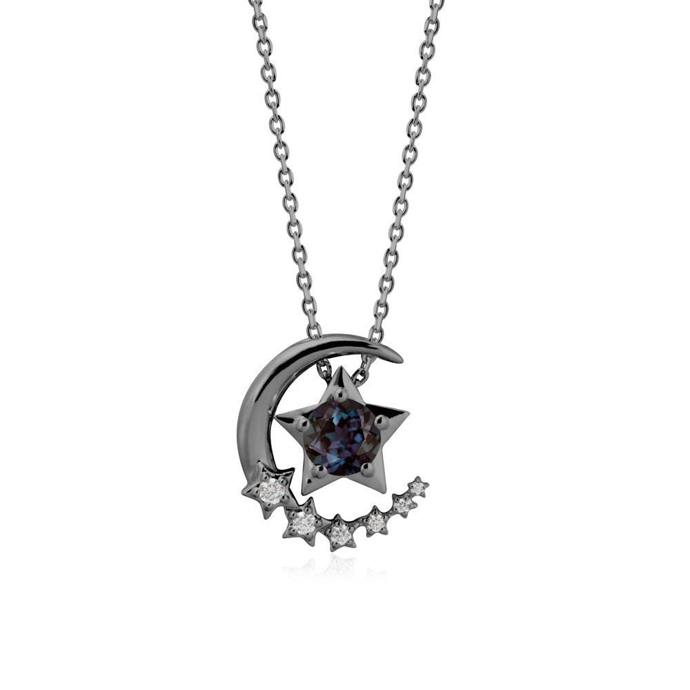 Swinging Star and Crescent Moon Alexandrite Necklace - LUO Jewelry #metal_black finish sterling silver