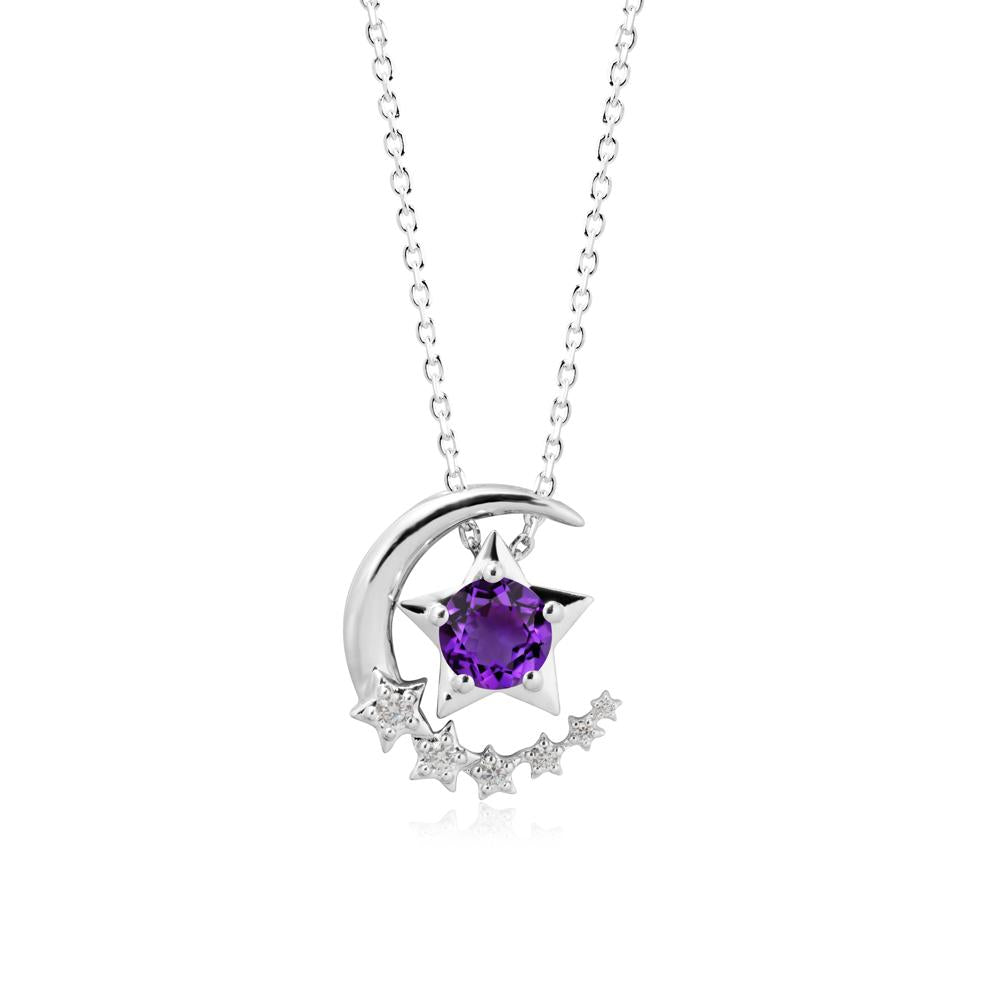 Amethyst Swinging Star and Crescent Moon Necklace - LUO Jewelry #metal_18k white gold