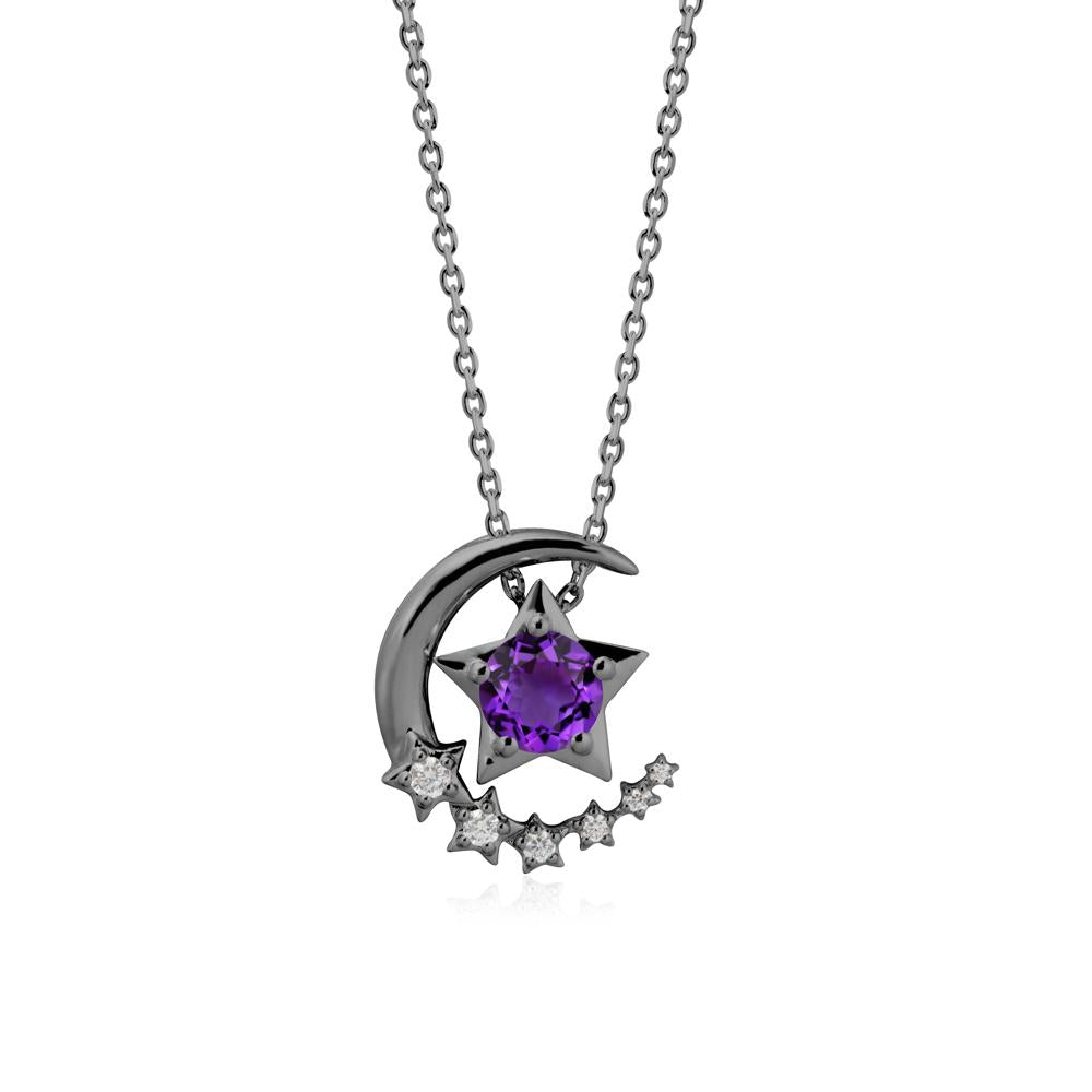 Amethyst Swinging Star and Crescent Moon Necklace - LUO Jewelry #metal_black finish sterling silver