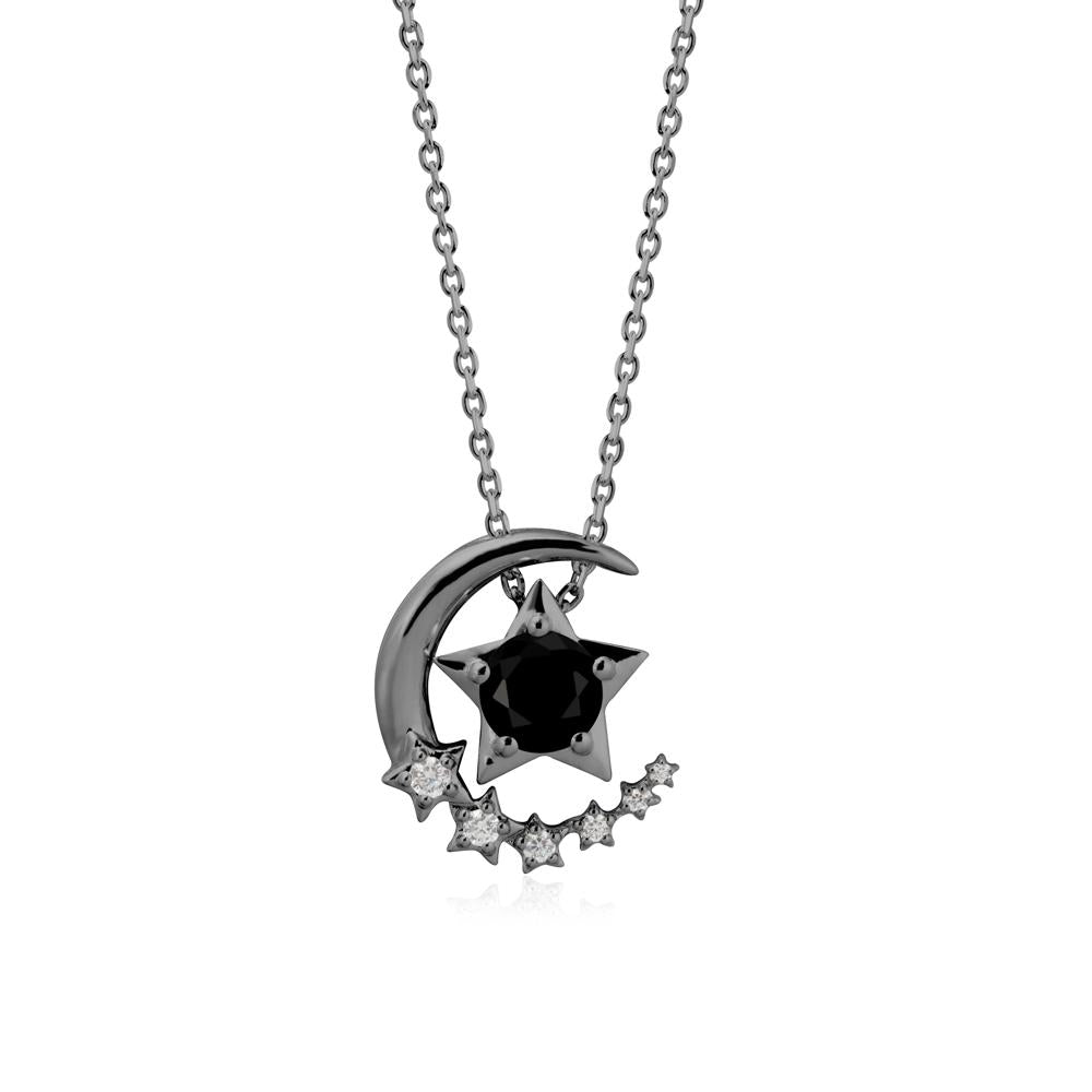 Swinging Star and Crescent Moon Black Spinel Necklace - LUO Jewelry #metal_black finish sterling silver