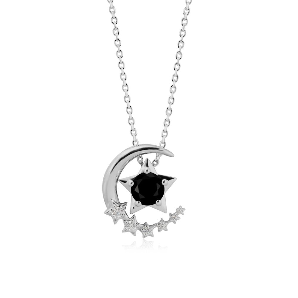 Swinging Star and Crescent Moon Black Spinel Necklace - LUO Jewelry #metal_platinum