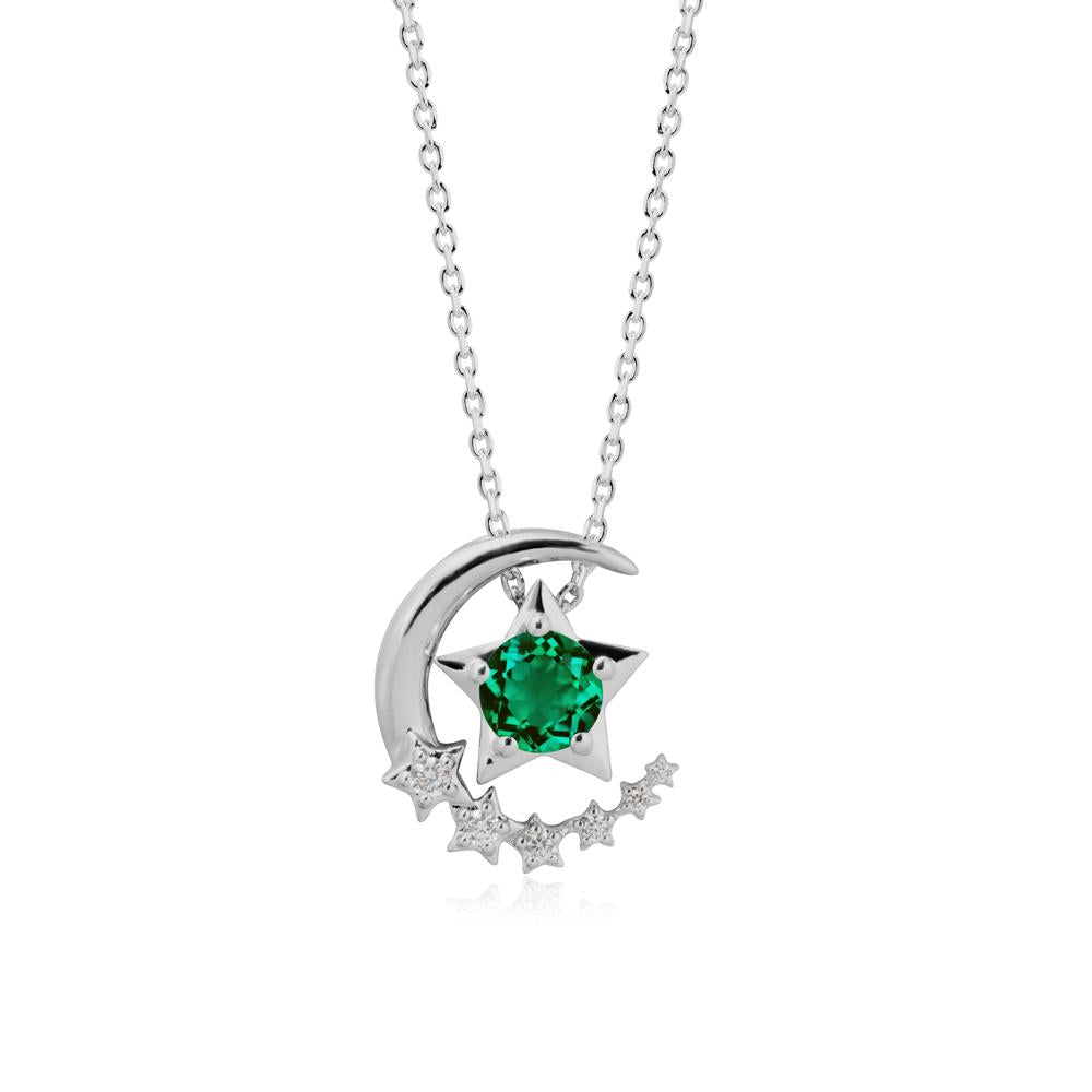 Emerald Swinging Star and Crescent Moon Necklace - LUO Jewelry #metal_platinum