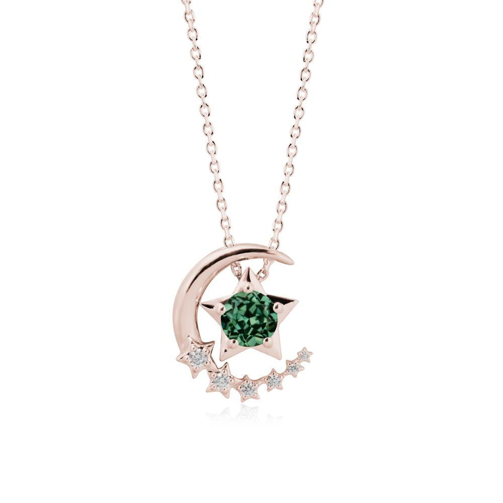 Green Sapphire Swinging Star and Crescent Moon Necklace - LUO Jewelry #metal_14k rose gold