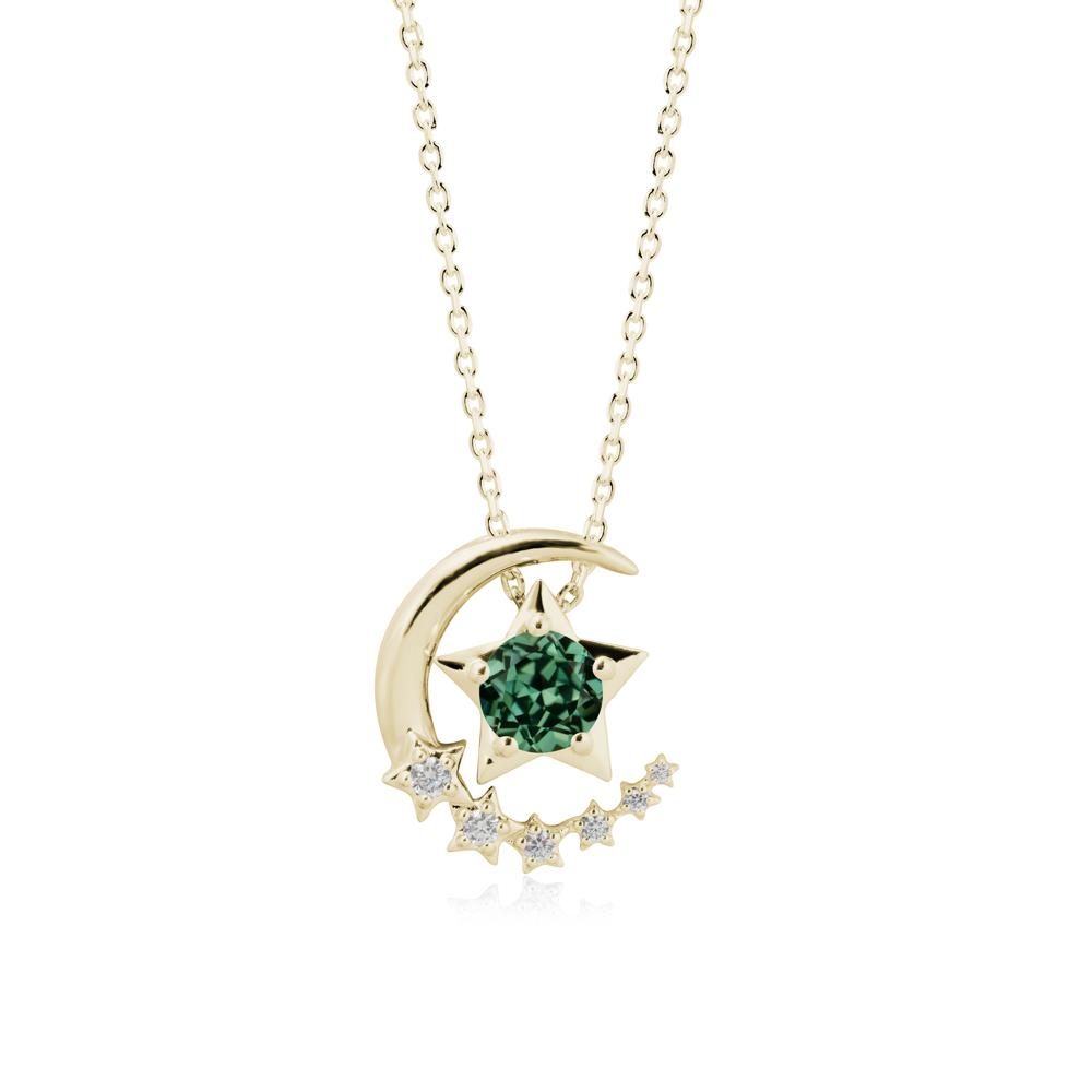 Green Sapphire Swinging Star and Crescent Moon Necklace - LUO Jewelry #metal_14k yellow gold