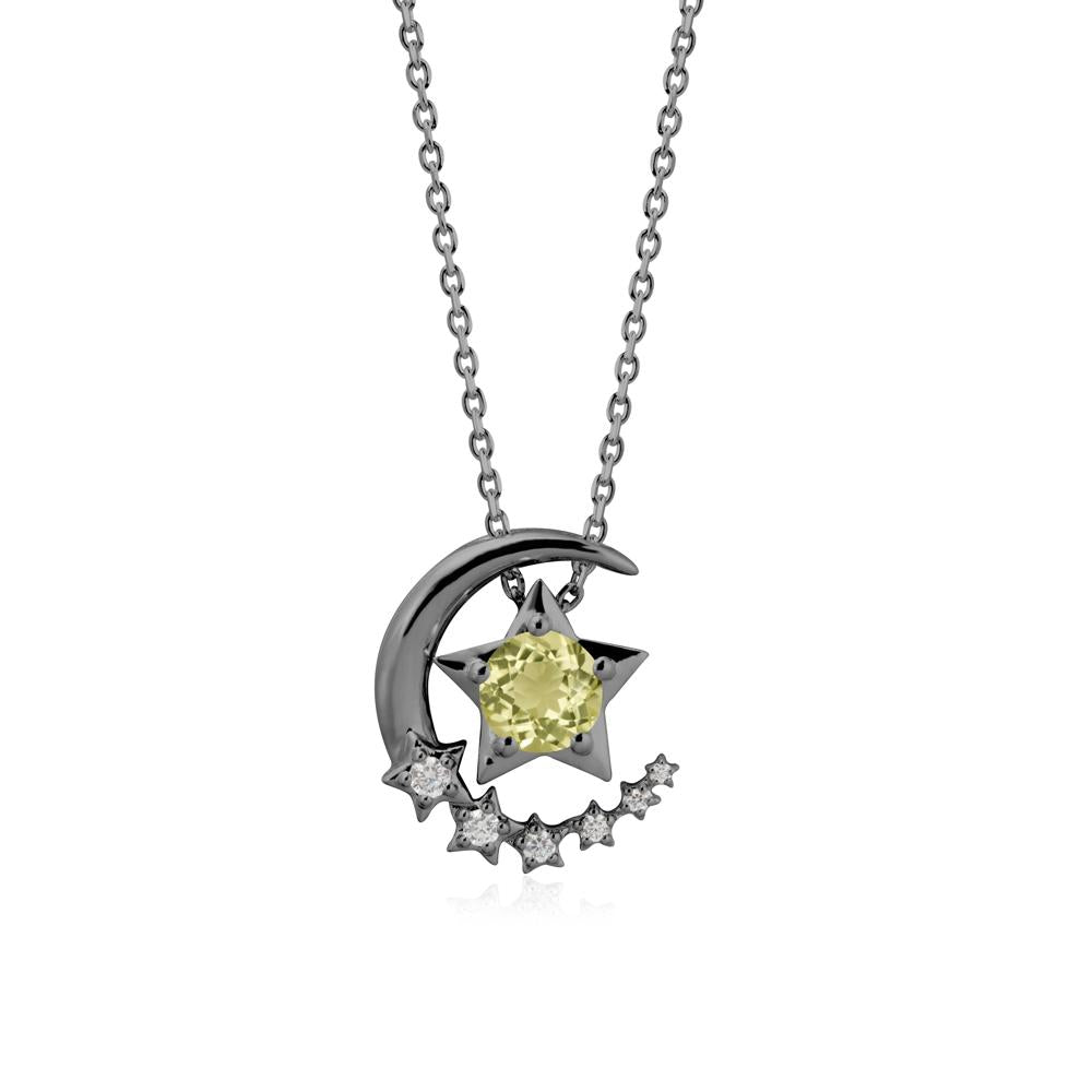 Star and Crescent Moon Lemon Quartz Pendant Necklace - LUO Jewelry #metal_black finish sterling silver
