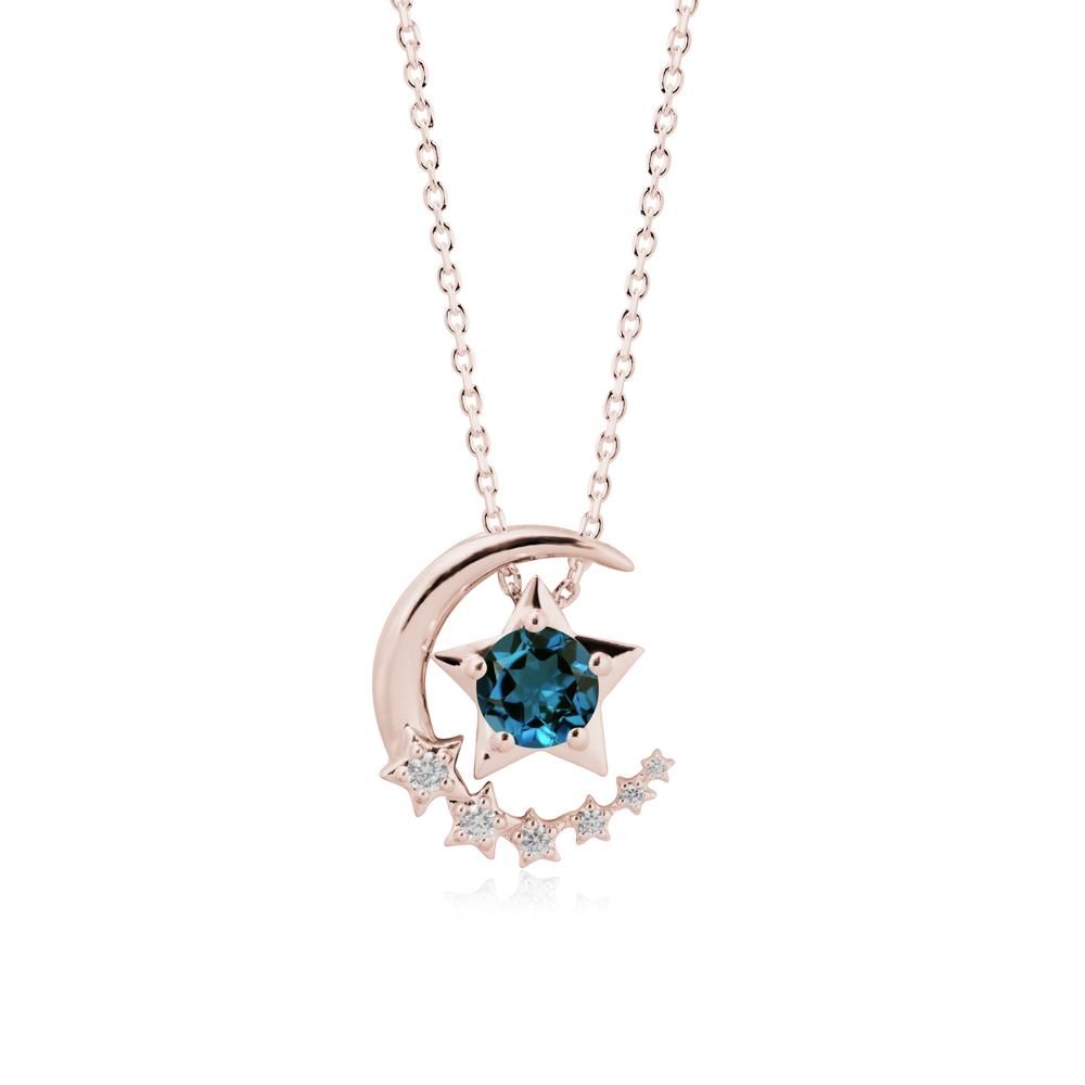 Swinging Star and Crescent Moon London Blue Topaz Necklace - LUO Jewelry #metal_14k rose gold