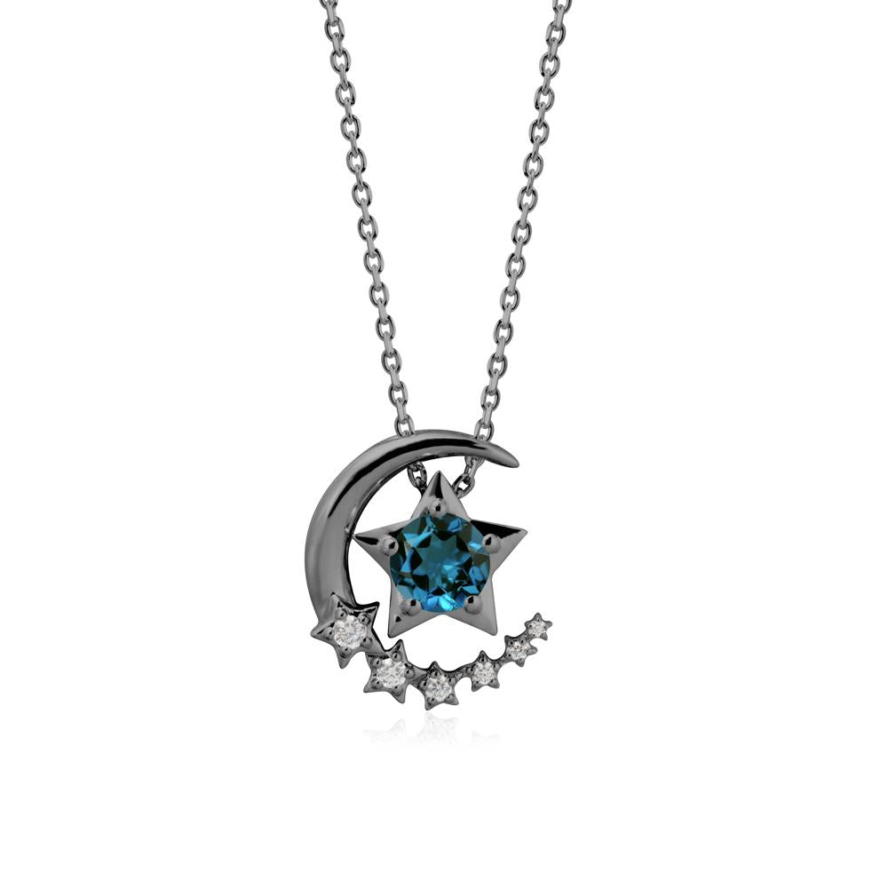 Swinging Star and Crescent Moon London Blue Topaz Necklace - LUO Jewelry #metal_black finish sterling silver