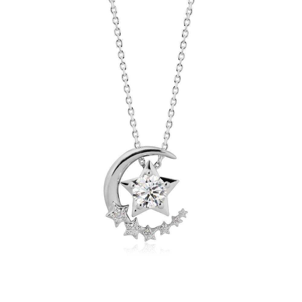 Moissanite Swinging Star and Crescent Moon Necklace - LUO Jewelry #metal_platinum