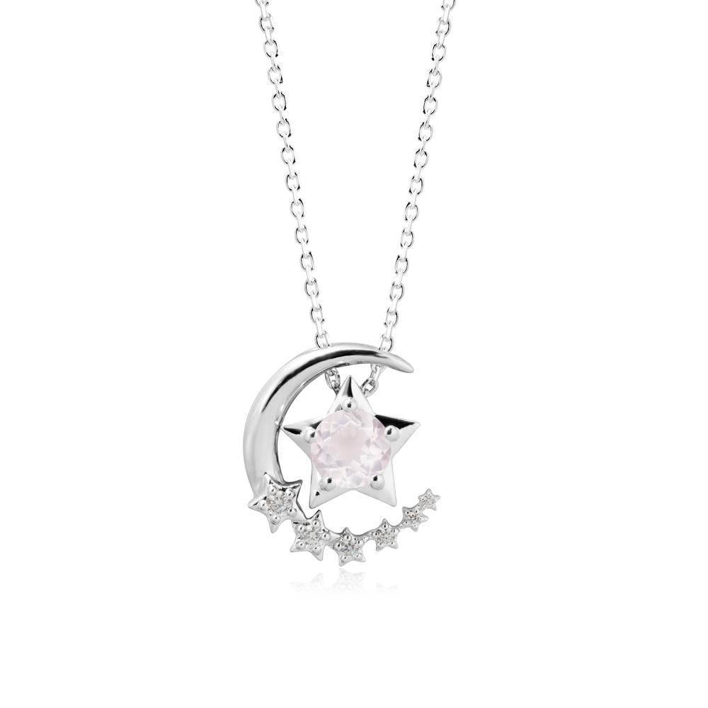 Rose Quartz Swinging Star and Crescent Moon Necklace - LUO Jewelry #metal_14k white gold