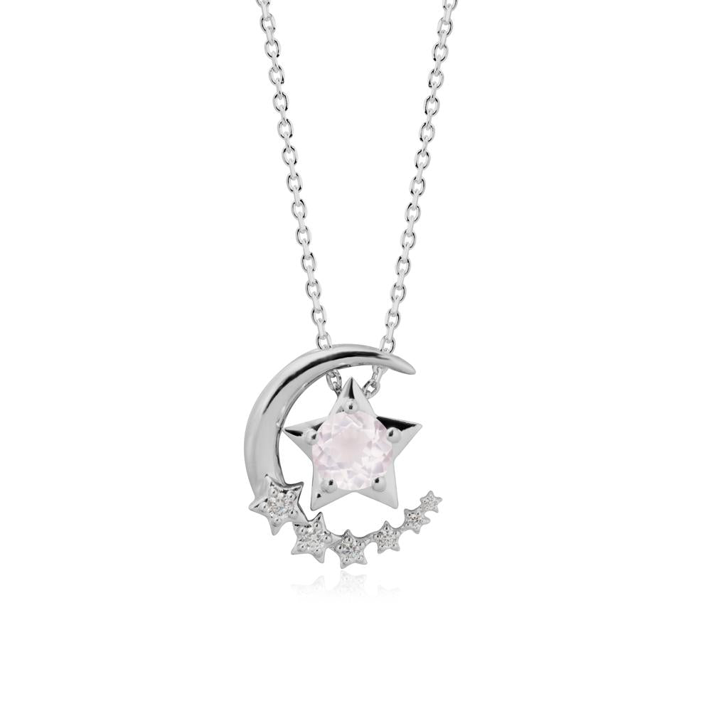Rose Quartz Swinging Star and Crescent Moon Necklace - LUO Jewelry #metal_platinum