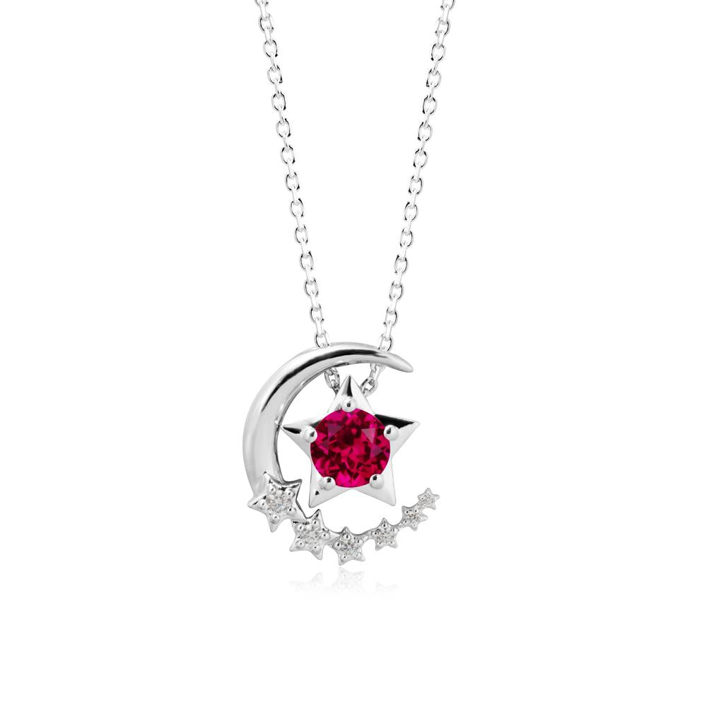 Swinging Star and Crescent Moon Ruby Necklace - LUO Jewelry #metal_14k white gold