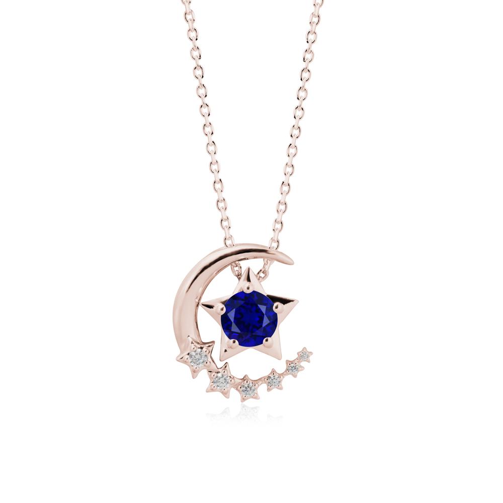 Sapphire Swinging Star and Crescent Moon Necklace - LUO Jewelry #metal_14k rose gold